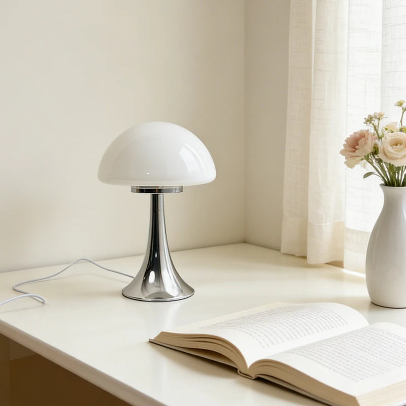 Chrome Stem Glass Mushroom Lamp – USB Powered Dimmable