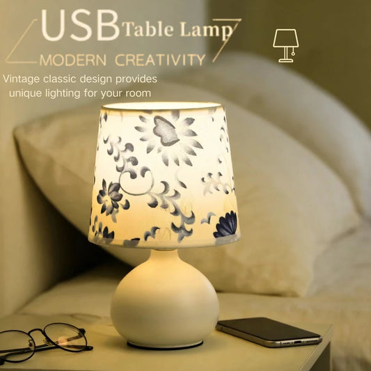 Floral Ceramic Bedside Lamp – USB Powered Dimmable