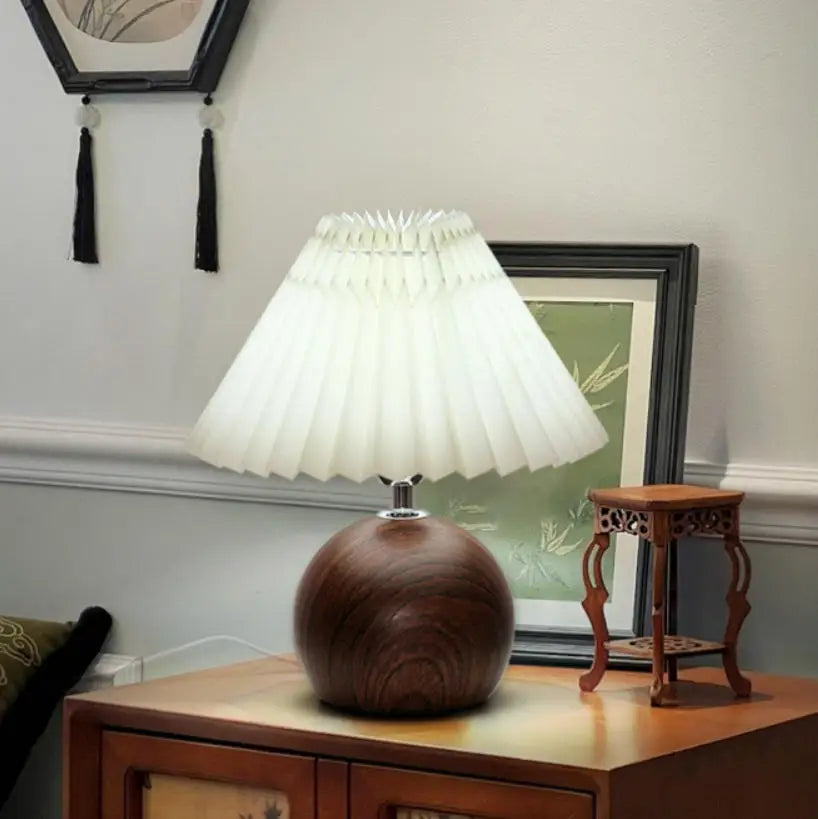 Walnut Pleated Bedside Table Lamp – USB Powered