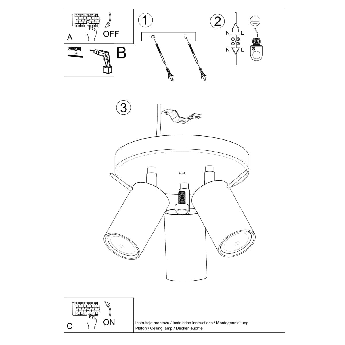 Sollux Lighting Ceiling Lamp Ring 3 P Black - 3-Shade Ceiling Light Fixture - Adjustable Arms - Easy Installation - Durable Steel - Interchangeable GU10 Bulbs