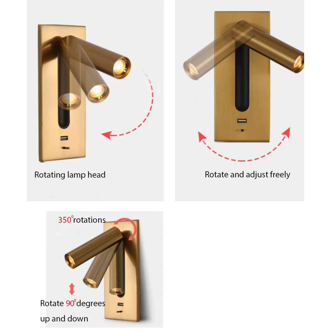 Verthara Adjustable USB Charging Wall Lamp with 350° Rotation – Modern Wall Sconce Lighting for Bedside and Hotel Use