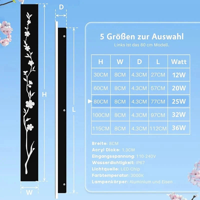 Verthara Black LED Outdoor Wall Light with Waterproof IP67 Rating and Peach Flower Pattern - Stainless Steel Wall Sconce for Garden or Villa