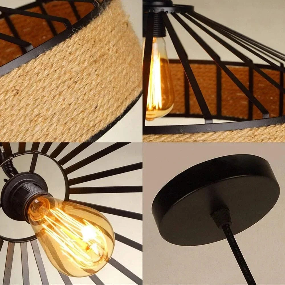 Verthara Black Vintage Industrial Pendant Light with Adjustable Hemp Rope – Versatile Hanging Light for Kitchen, Dining Room, Bar, and Café