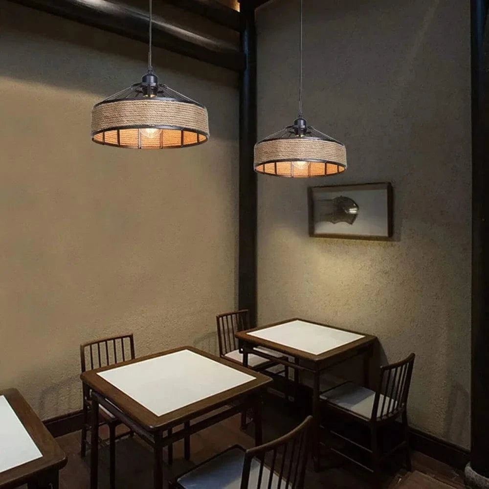 Verthara Black Vintage Industrial Pendant Light with Adjustable Hemp Rope – Versatile Hanging Light for Kitchen, Dining Room, Bar, and Café