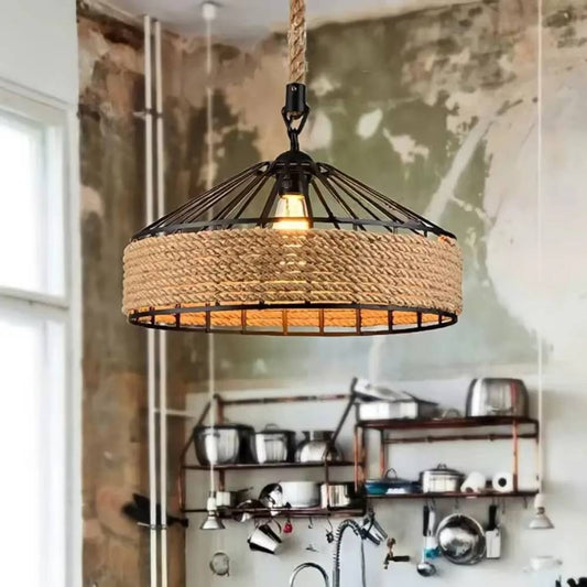 Verthara Black Vintage Industrial Pendant Light with Adjustable Hemp Rope – Versatile Hanging Light for Kitchen, Dining Room, Bar, and Café