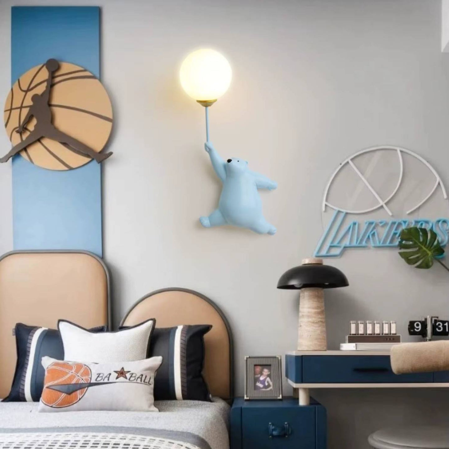 Verthara Cartoon Bear LED Wall Lamp with 3D Moon Decor – Kids Bedroom Wall Light Sconce, Safe and Energy-Efficient Night Light Blue A