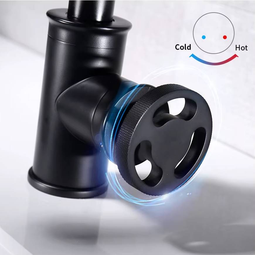 Verthara Contemporary Black Brass Bathroom Faucet with Single Handle Design for Hot and Cold Water Mixing – Stylish Basin Tap