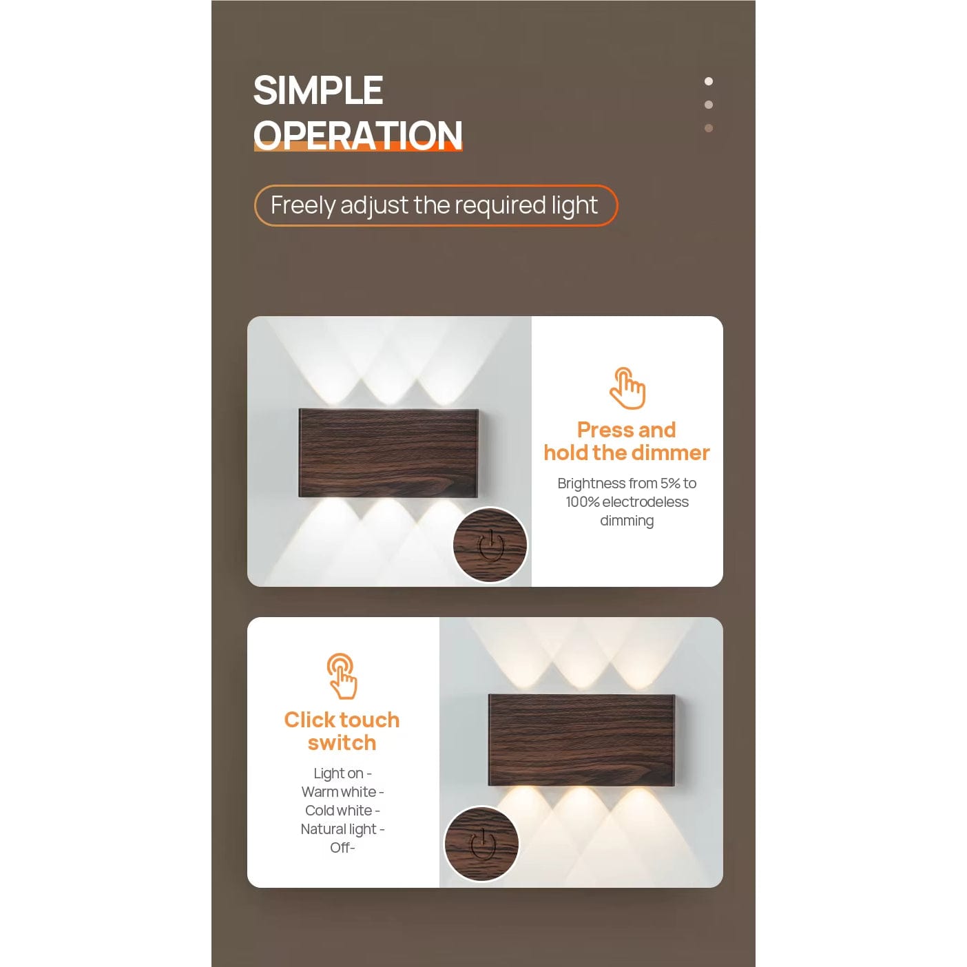 Verthara Cordless LED Wall Light With Touch Control – Rechargeable - Dimmable - Minimalist Design - Three Colour Temperatures - Indoor Use