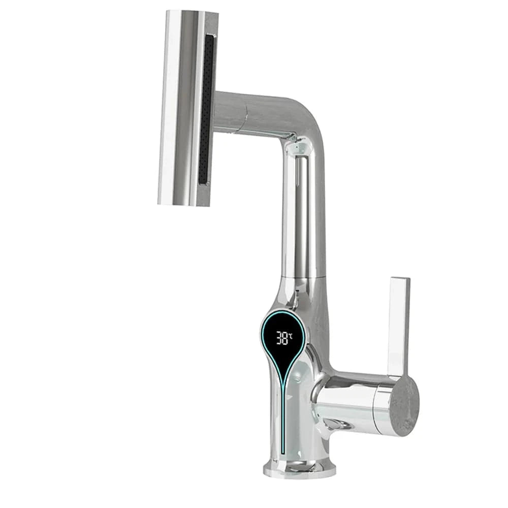 Verthara Digital Basin Faucet with Waterfall Stream and Temperature Display for Bathroom Sink Chrome