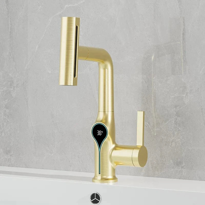 Verthara Digital Basin Faucet with Waterfall Stream and Temperature Display for Bathroom Sink gold