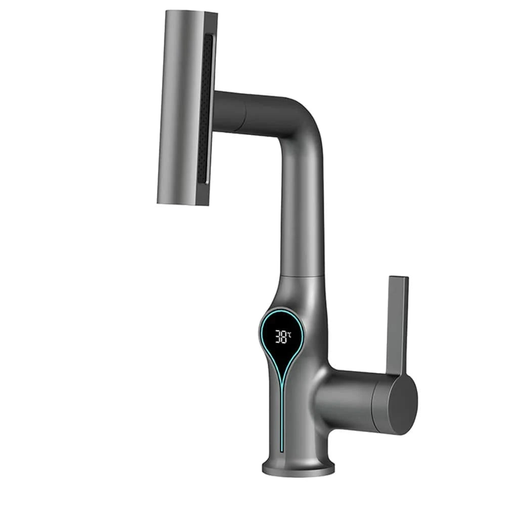 Verthara Digital Basin Faucet with Waterfall Stream and Temperature Display for Bathroom Sink Grey