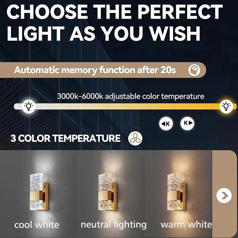 Verthara Dimmable LED Crystal Wall Light with Remote Control, Adjustable 3000K-6000K for Bathroom, Living Room, and Bedroom Sconces