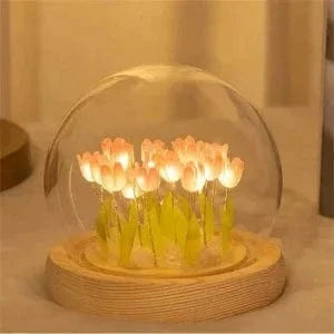 Verthara DIY Tulip LED Night Light – Battery Operated - Colourful - Wooden Base - Indoor Decor - Charming Gift Idea Light Orange