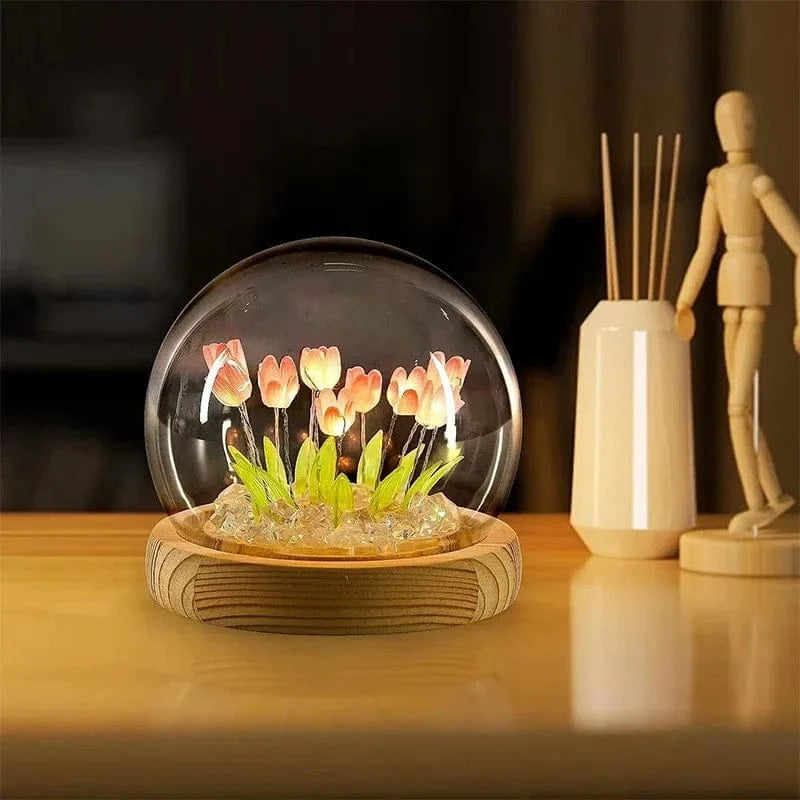 Verthara DIY Tulip LED Night Light – Battery Operated - Colourful - Wooden Base - Indoor Decor - Charming Gift Idea