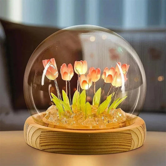 Verthara DIY Tulip LED Night Light – Battery Operated - Colourful - Wooden Base - Indoor Decor - Charming Gift Idea