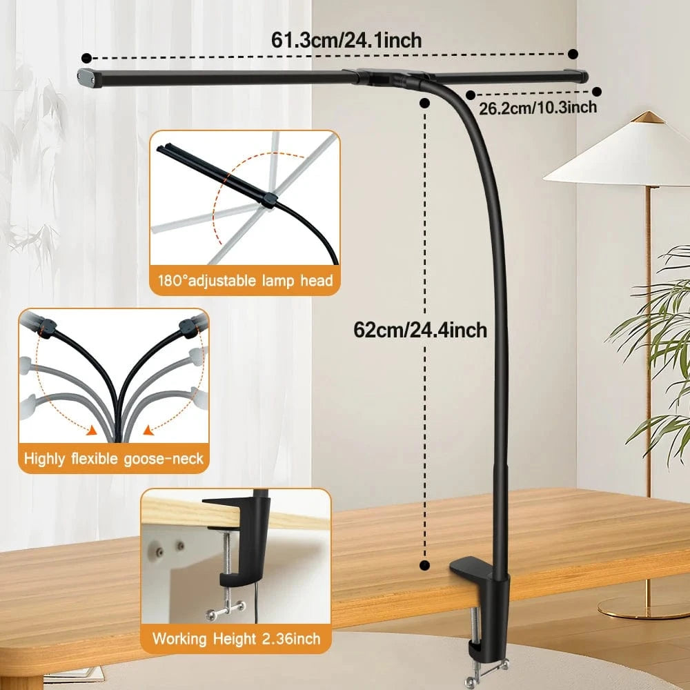 Verthara Double Head LED Clip Desk Lamp with 3 Color Modes and 10 Dimmable Settings for Home Office Lighting 2 HEAD Dimmable