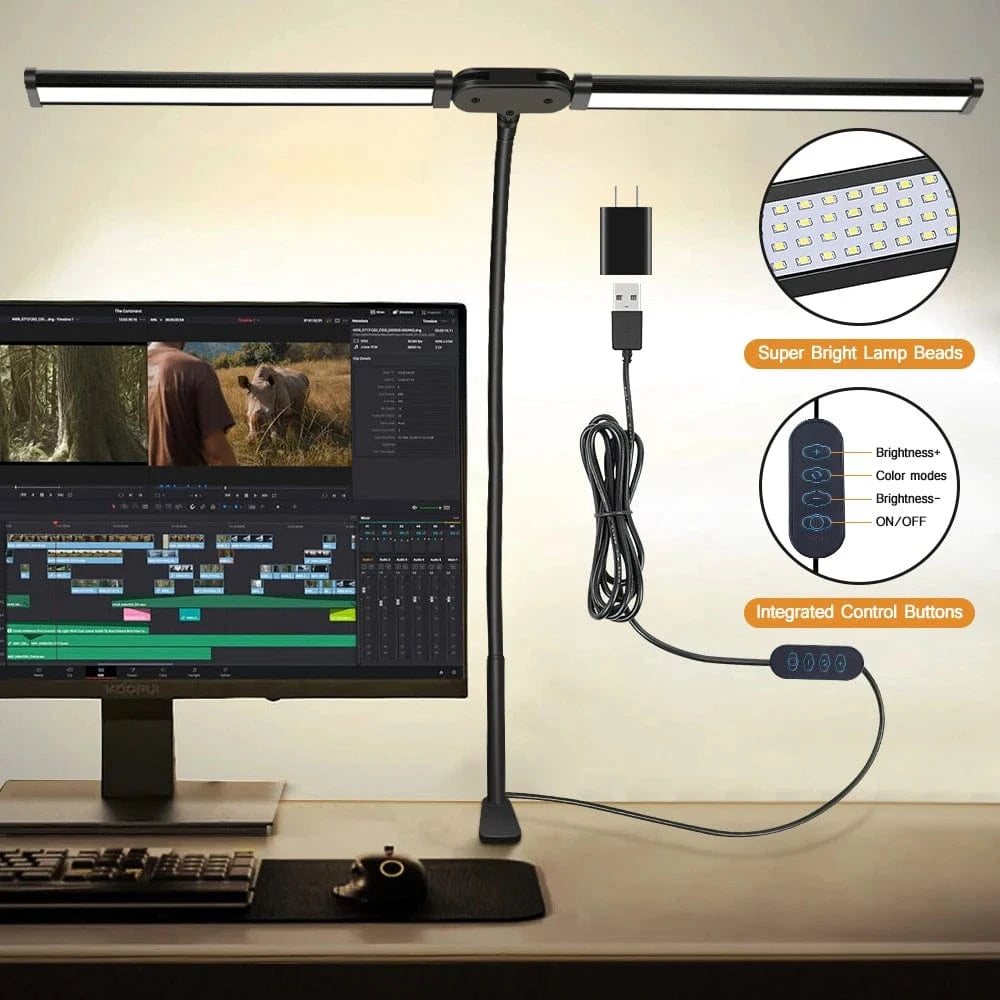 Verthara Double Head LED Clip Desk Lamp with 3 Color Modes and 10 Dimmable Settings for Home Office Lighting 2 HEAD Dimmable