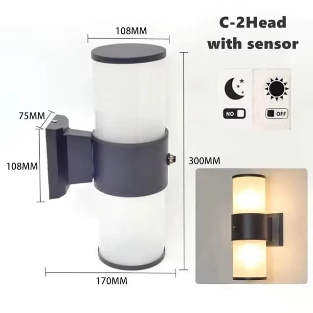 Verthara E27 LED Outdoor Wall Lamp, Waterproof Glass and Aluminum Up Down Glow Sconce for Garden, Balcony, Modern Exterior Wall Lights C-2 heads with sensor / Warm White