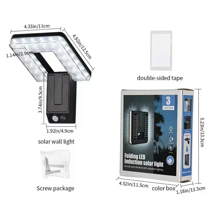 Verthara Foldable Solar Wall Light With Motion Sensor – Waterproof - Adjustable 120° Head - Energy-Saving - 3 Lighting Modes - Outdoor Use Foldable Wall Lamp / 2Pcs