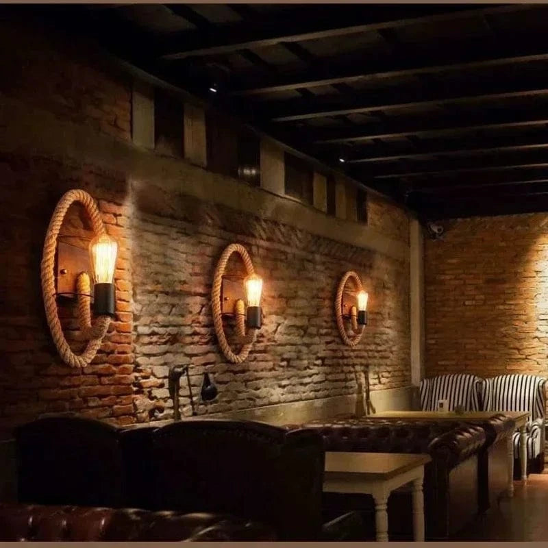 Verthara Industrial Wall Sconce Lamp with Hemp Rope Accent – Retro Wall Light for Bedroom and Hallway Decor