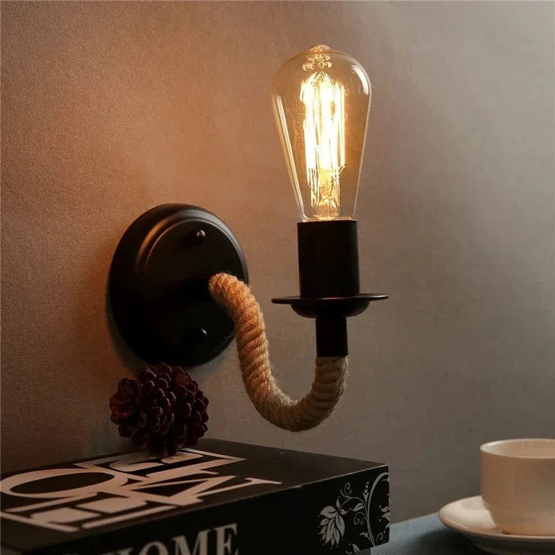 Verthara Industrial Wall Sconce Lamp with Hemp Rope Accent – Retro Wall Light for Bedroom and Hallway Decor