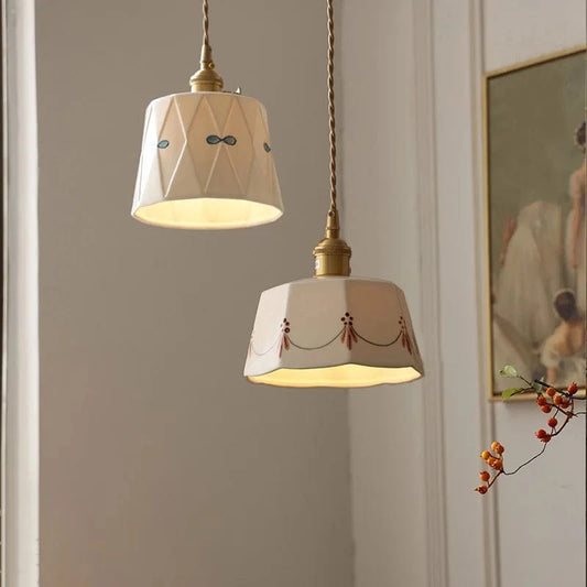 Verthara Japanese Retro Ceramic Chandelier Light with Brass Glaze – Elegant Lighting for Bedroom and Dining Spaces