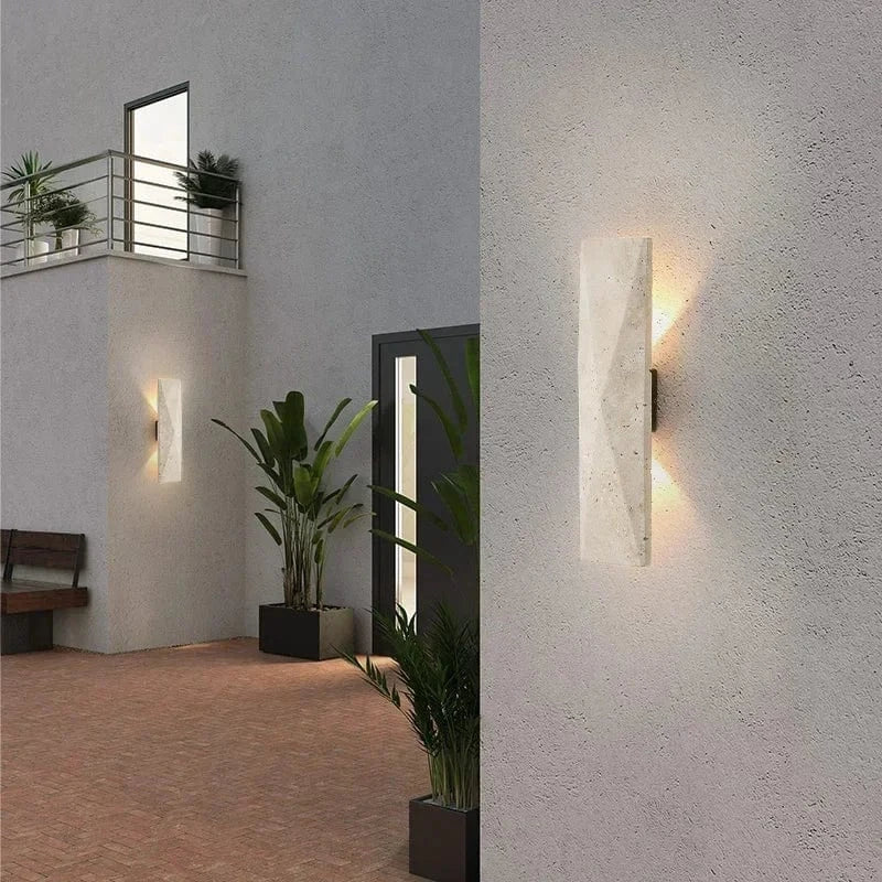 Verthara Japanese Style Outdoor Wall Lamp in Yellow Travertine – LED Wall Sconce for Elegant Indoor and Outdoor Lighting