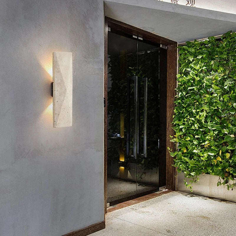 Verthara Japanese Style Outdoor Wall Lamp in Yellow Travertine – LED Wall Sconce for Elegant Indoor and Outdoor Lighting