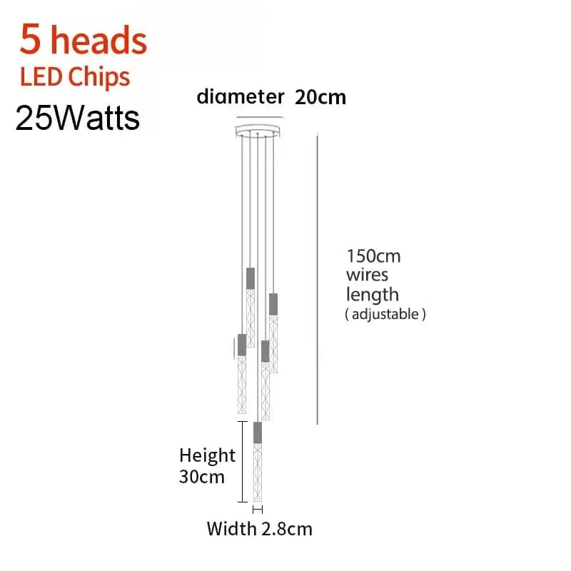 Verthara K9 Crystal LED Pendant Light – Customizable Hanging Lamp for Living Room, Bedroom, and Commercial Spaces 5 heads / Gold lamp body / Cold White