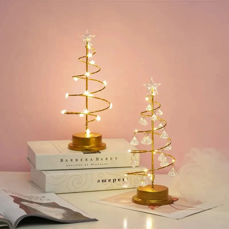 Verthara LED Desk Lamp - Battery Operated - Warm Light - Christmas Tree Design - Acrylic Crystal Pendants - Festive Home Decoration