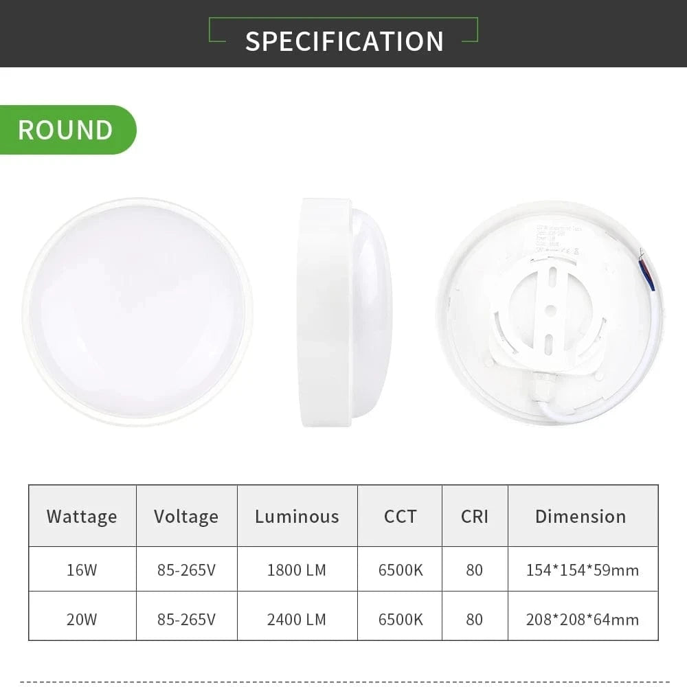 Verthara LED Waterproof Ceiling Light, 16W & 20W Flush Mount Bathroom & Outdoor Ceiling Lamp in Round and Oval Shapes