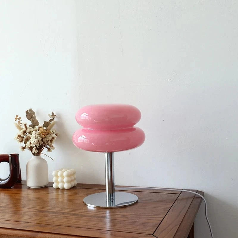 Verthara Macaron Glass Table Lamp - Corded - Trichromatic Dimming - Eye Protection - Modern Design - Stylish Bedroom Lamp - E27 Bulb Compatible USB / Pink