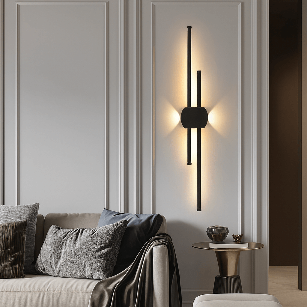 Verthara Minimalist LED Wall Lamp – Modern Black Iron Sconce Lighting for Living Room and Bedroom, Adjustable Height Options
