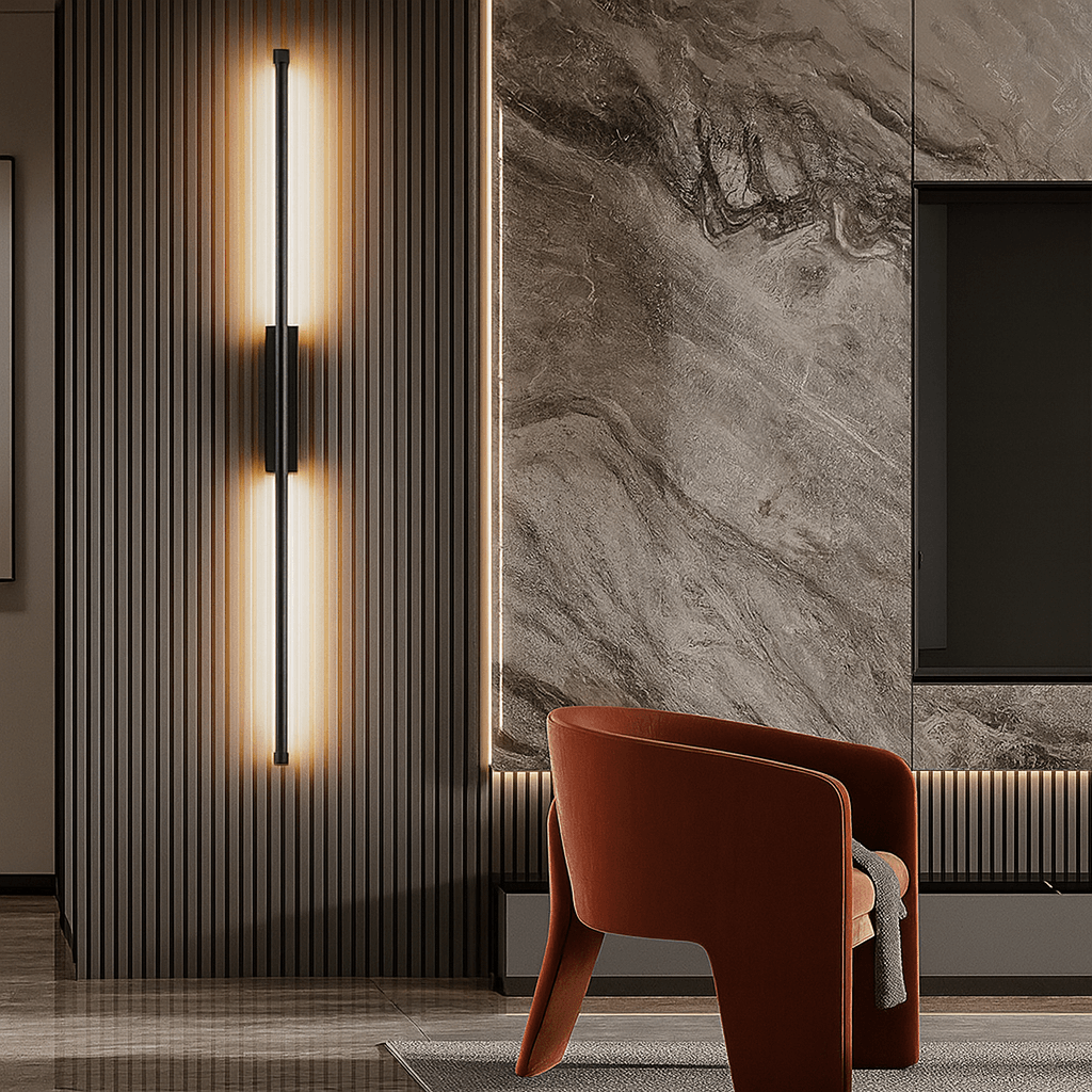 Verthara Minimalist LED Wall Lamp – Modern Black Iron Sconce Lighting for Living Room and Bedroom, Adjustable Height Options