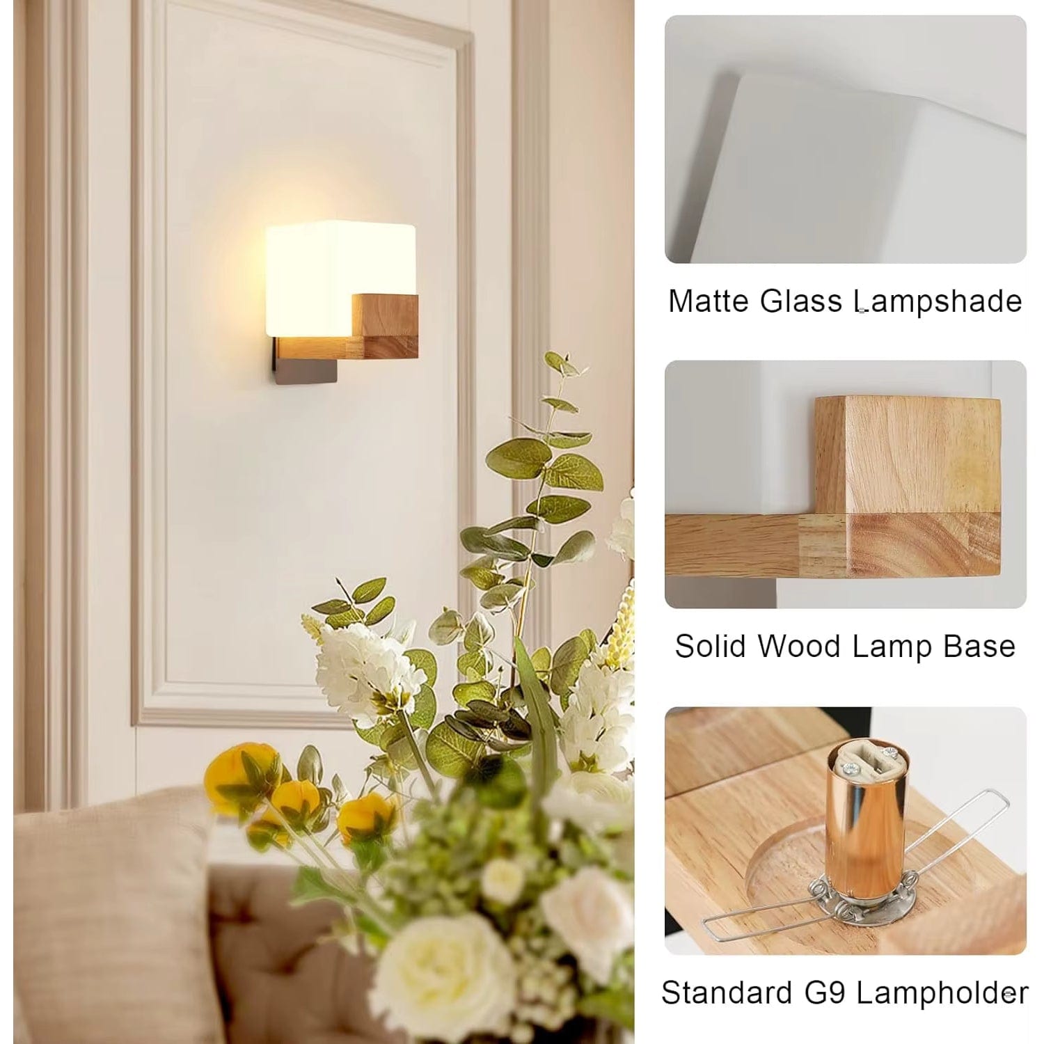 Verthara Modern G9 LED Wall Light - Surface Mounted - Dimmable - Adjustable Colour Temperature - Wooden and Glass Design - Indoor Use Default