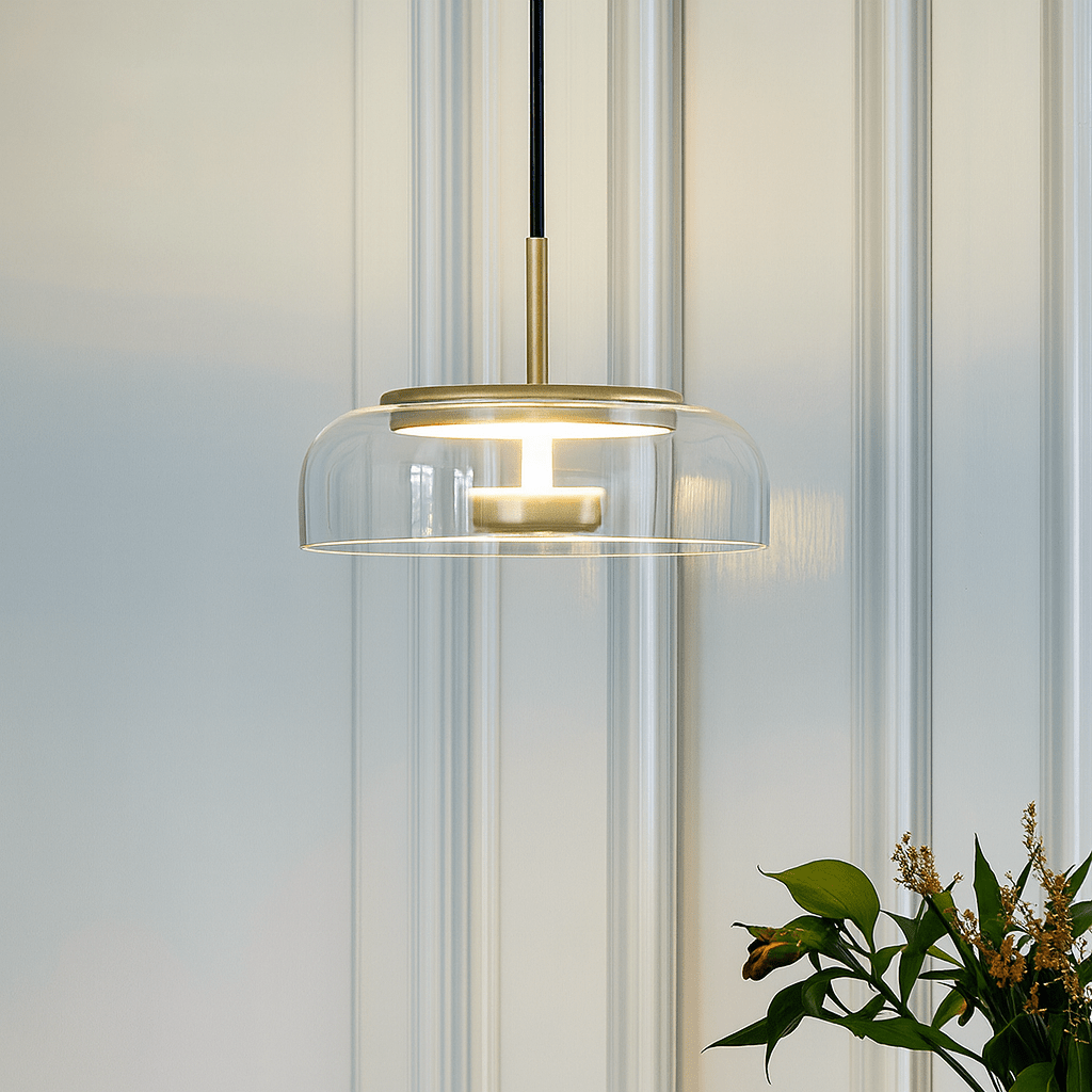 Verthara Modern Glass Pendant Light for Kitchen and Home – LED Hanging Light in Gray and Brown Finish Transparent / White Light