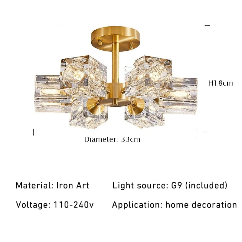 Verthara Modern Gold Crystal Chandelier – G9 Base Semi Flush Mount Ceiling Light for Living Room, Dining Room, Kitchen