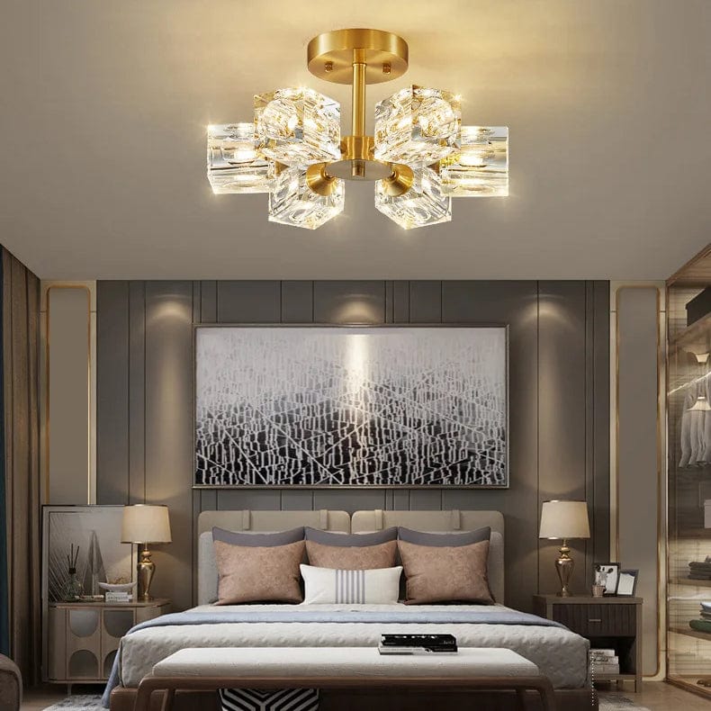 Verthara Modern Gold Crystal Chandelier – G9 Base Semi Flush Mount Ceiling Light for Living Room, Dining Room, Kitchen