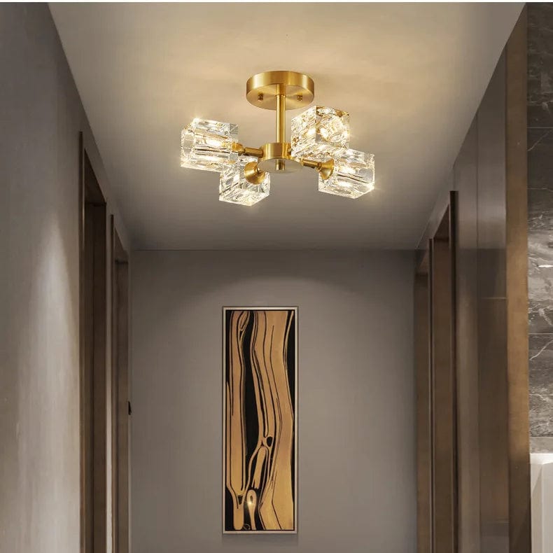 Verthara Modern Gold Crystal Chandelier – G9 Base Semi Flush Mount Ceiling Light for Living Room, Dining Room, Kitchen