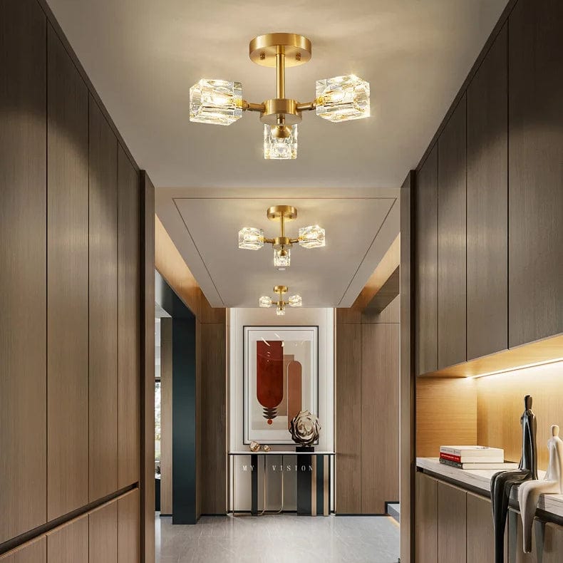 Verthara Modern Gold Crystal Chandelier – G9 Base Semi Flush Mount Ceiling Light for Living Room, Dining Room, Kitchen