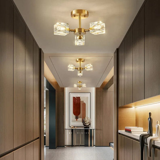 Verthara Modern Gold Crystal Chandelier – G9 Base Semi Flush Mount Ceiling Light for Living Room, Dining Room, Kitchen