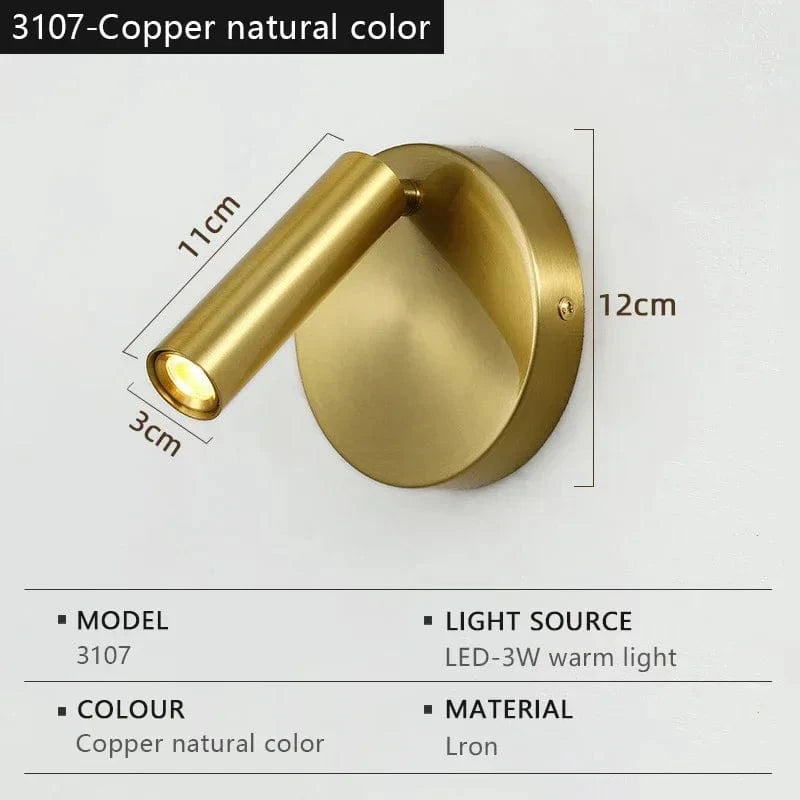 Verthara Modern LED Wall Light With Switch - Indoor - Adjustable - USB Charging - 350° Rotation - Black/Copper Finish 3107-Copper color
