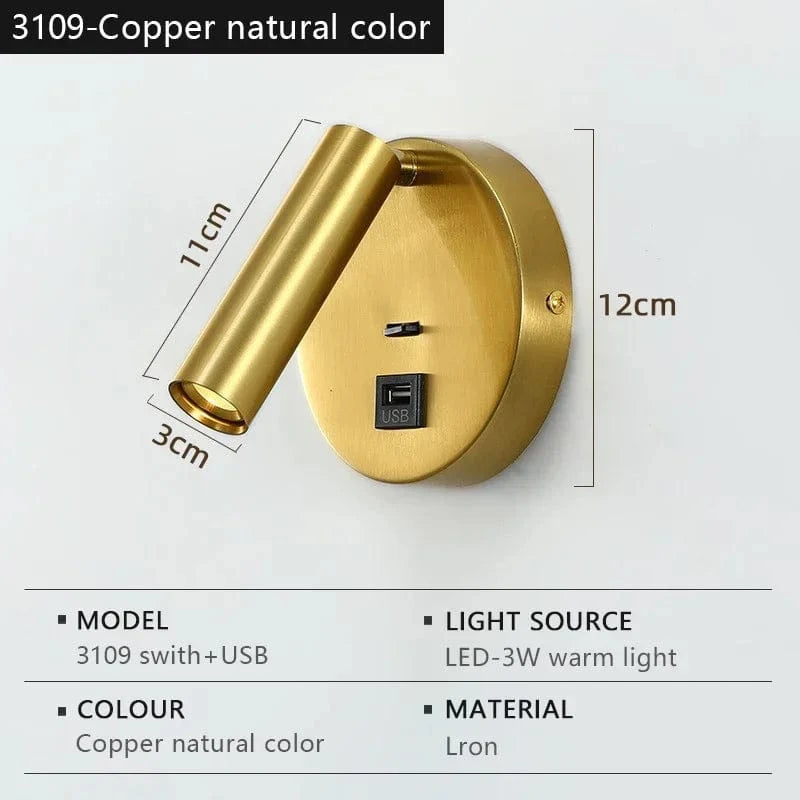 Verthara Modern LED Wall Light With Switch - Indoor - Adjustable - USB Charging - 350° Rotation - Black/Copper Finish 3109-Copper color