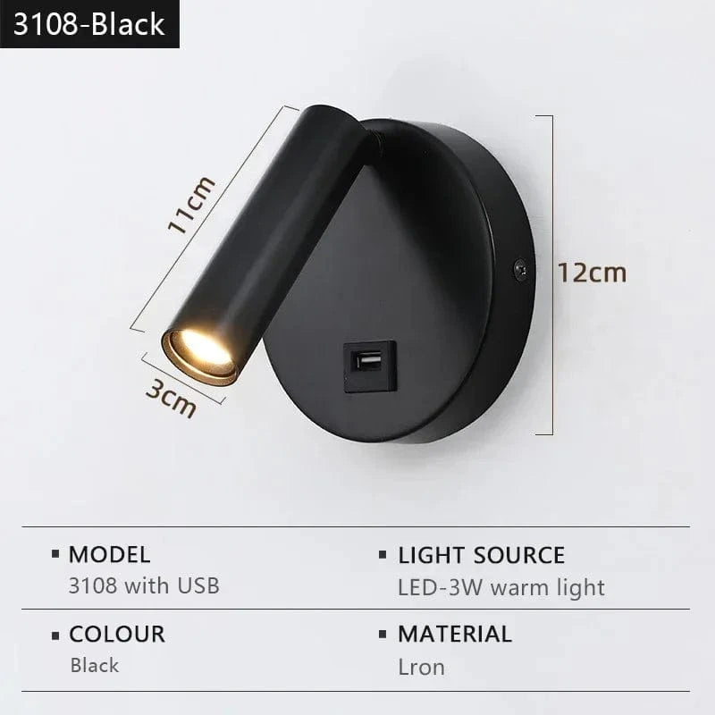 Verthara Modern LED Wall Light With Switch - Indoor - Adjustable - USB Charging - 350° Rotation - Black/Copper Finish 3108-black