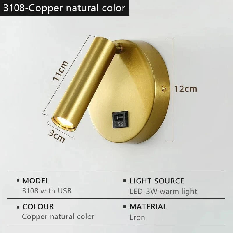 Verthara Modern LED Wall Light With Switch - Indoor - Adjustable - USB Charging - 350° Rotation - Black/Copper Finish 3108-Copper color