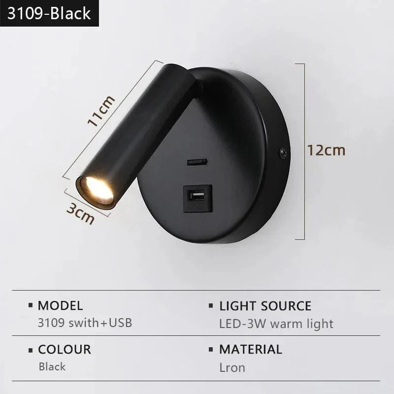 Verthara Modern LED Wall Light With Switch - Indoor - Adjustable - USB Charging - 350° Rotation - Black/Copper Finish 3109-black