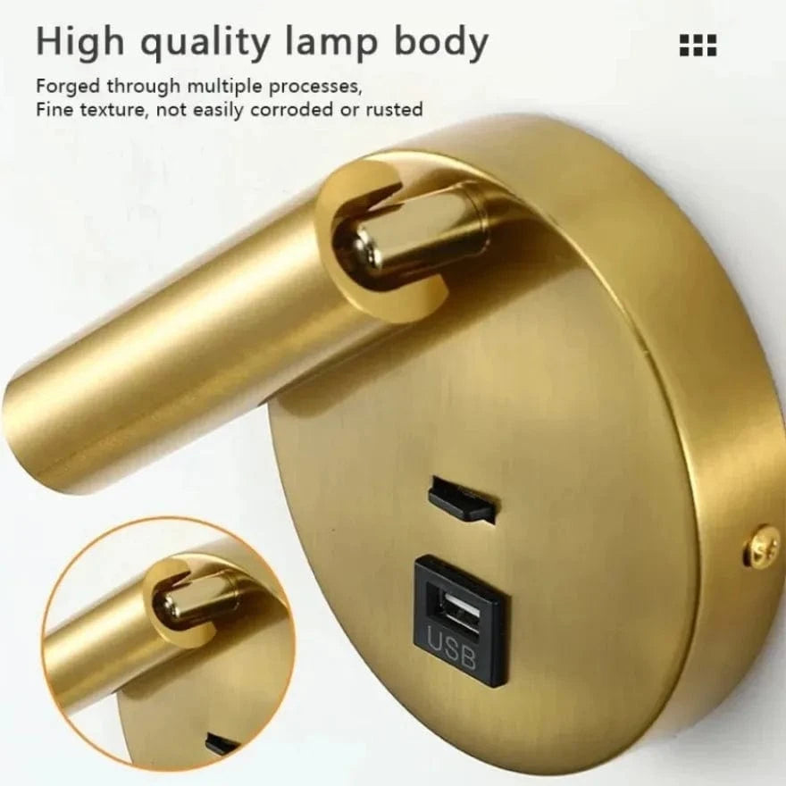 Verthara Modern LED Wall Light With Switch - Indoor - Adjustable - USB Charging - 350° Rotation - Black/Copper Finish