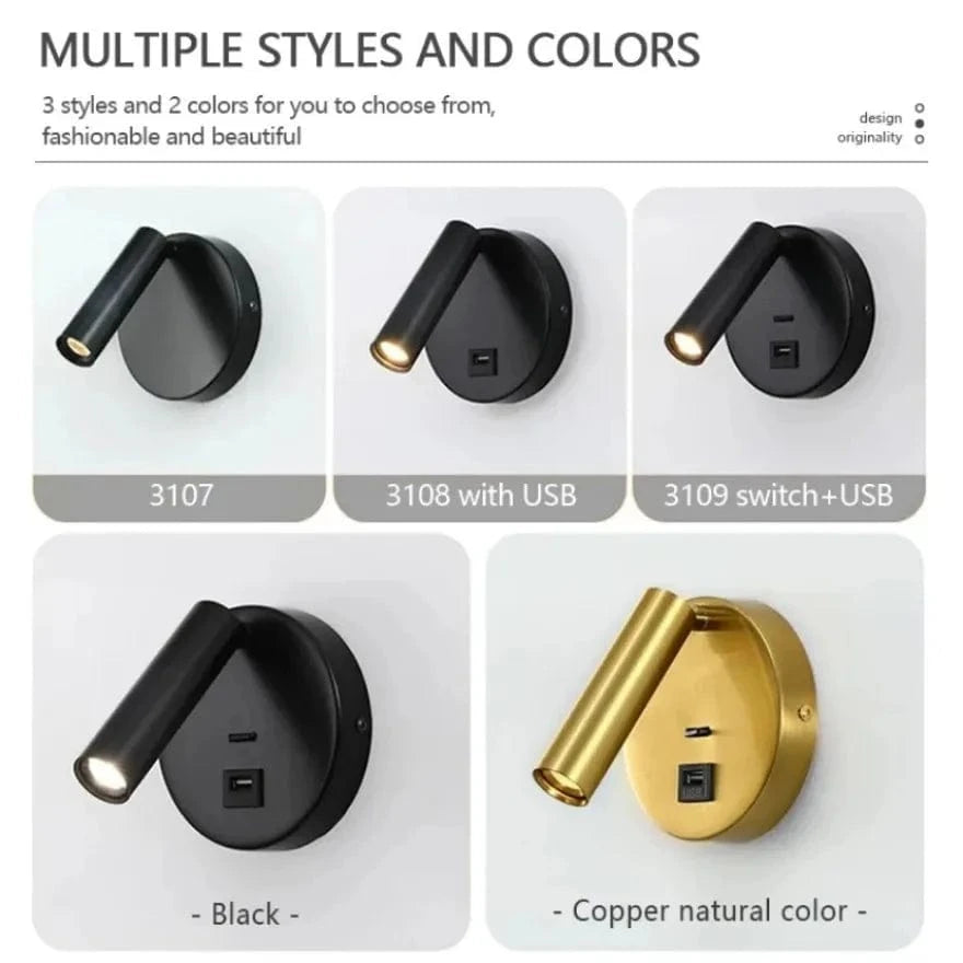 Verthara Modern LED Wall Light With Switch - Indoor - Adjustable - USB Charging - 350° Rotation - Black/Copper Finish