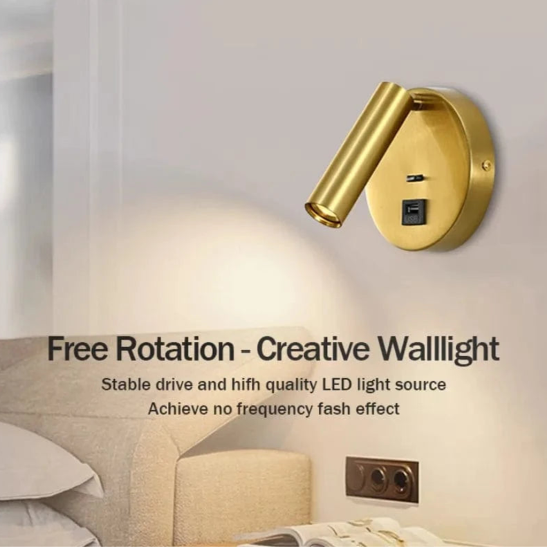 Verthara Modern LED Wall Light With Switch - Indoor - Adjustable - USB Charging - 350° Rotation - Black/Copper Finish
