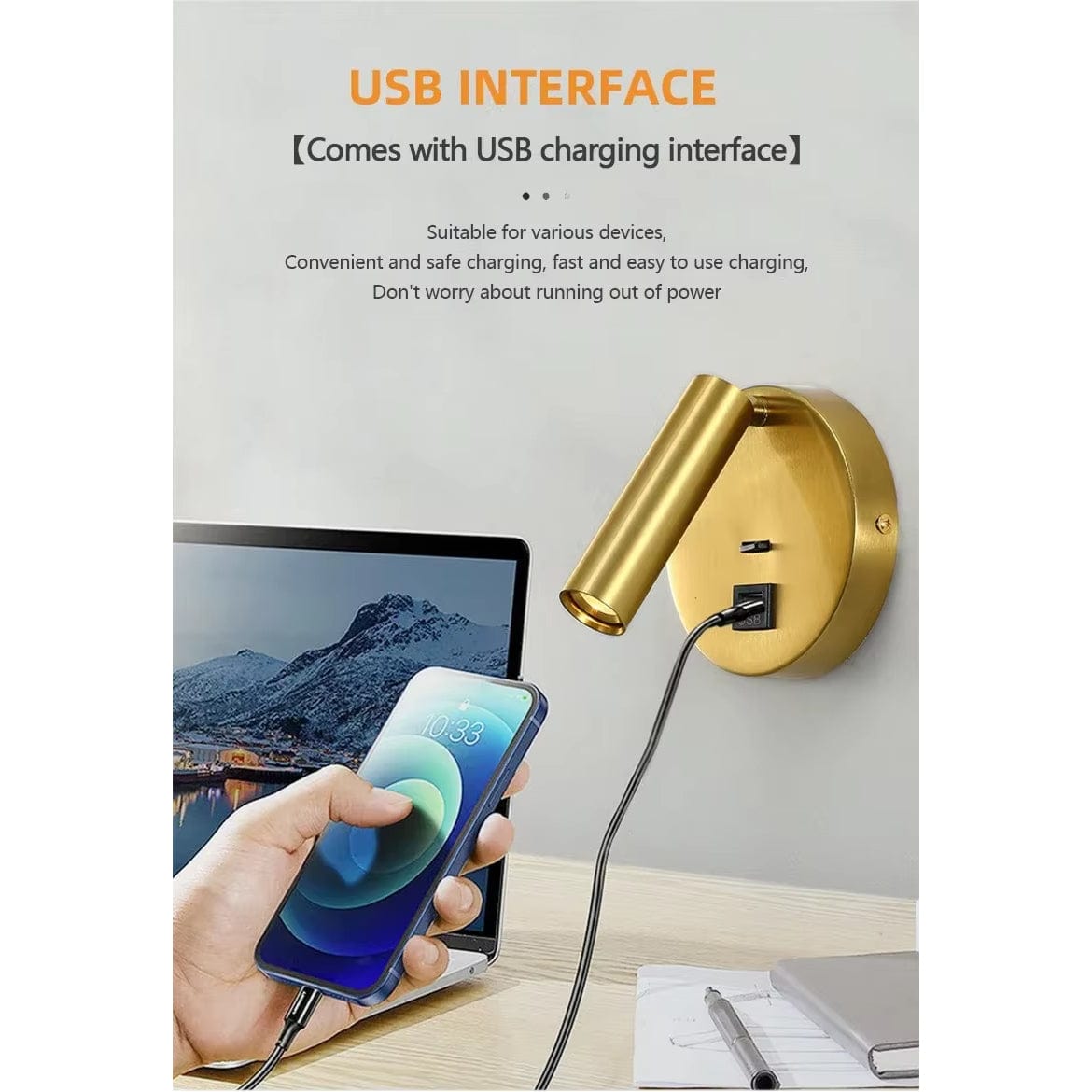 Verthara Modern LED Wall Light With Switch - Indoor - Adjustable - USB Charging - 350° Rotation - Black/Copper Finish